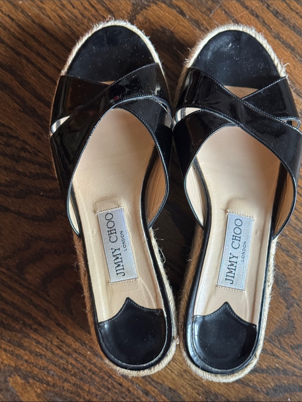 Jimmy Choo Black Patent Espadrille Slide Mules